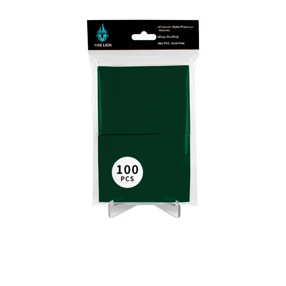 Dark Green Fire Lion matte TCG sleeves — 100 pack, 66 × 91 mm