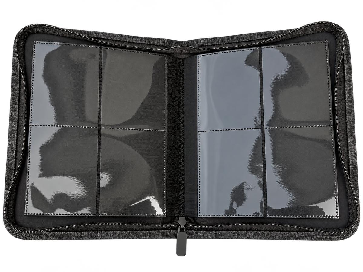 Open black 4-pocket zip TCG binder showing the empty pocket pages.