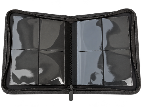 Open black 4-pocket zip TCG binder showing the empty pocket pages.