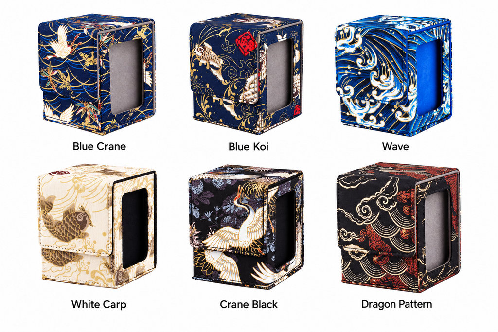 All six Ukiyoe Deck Box designs: Blue Crane, Blue Koi, Wave, White Carp, Crane Black and Dragon Pattern.