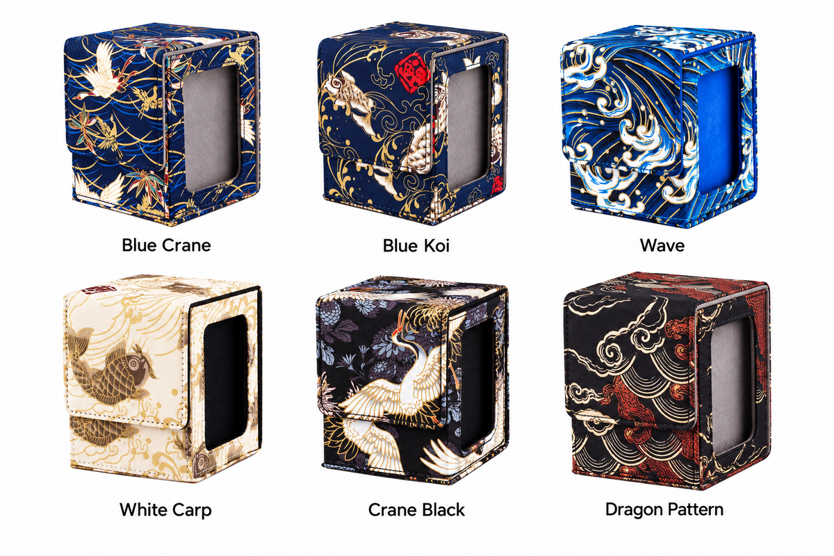 All six Ukiyoe Deck Box designs: Blue Crane, Blue Koi, Wave, White Carp, Crane Black and Dragon Pattern.