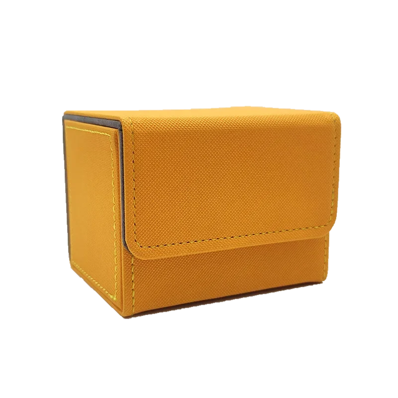 Closed yellow flip-open deck box with dark trim, photographed as a clean transparent-background cutout.