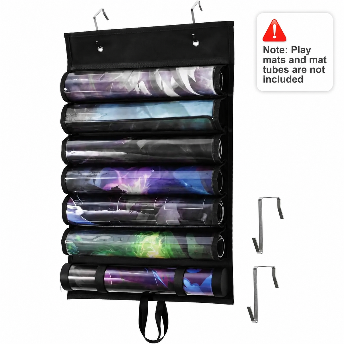 Seven-grid hanging playmat organiser shown with illustrated rolled playmats and warning that play mats and mat tubes are not included.