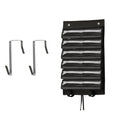Black seven-pocket hanging playmat organiser with two hook-shaped items pictured beside it.