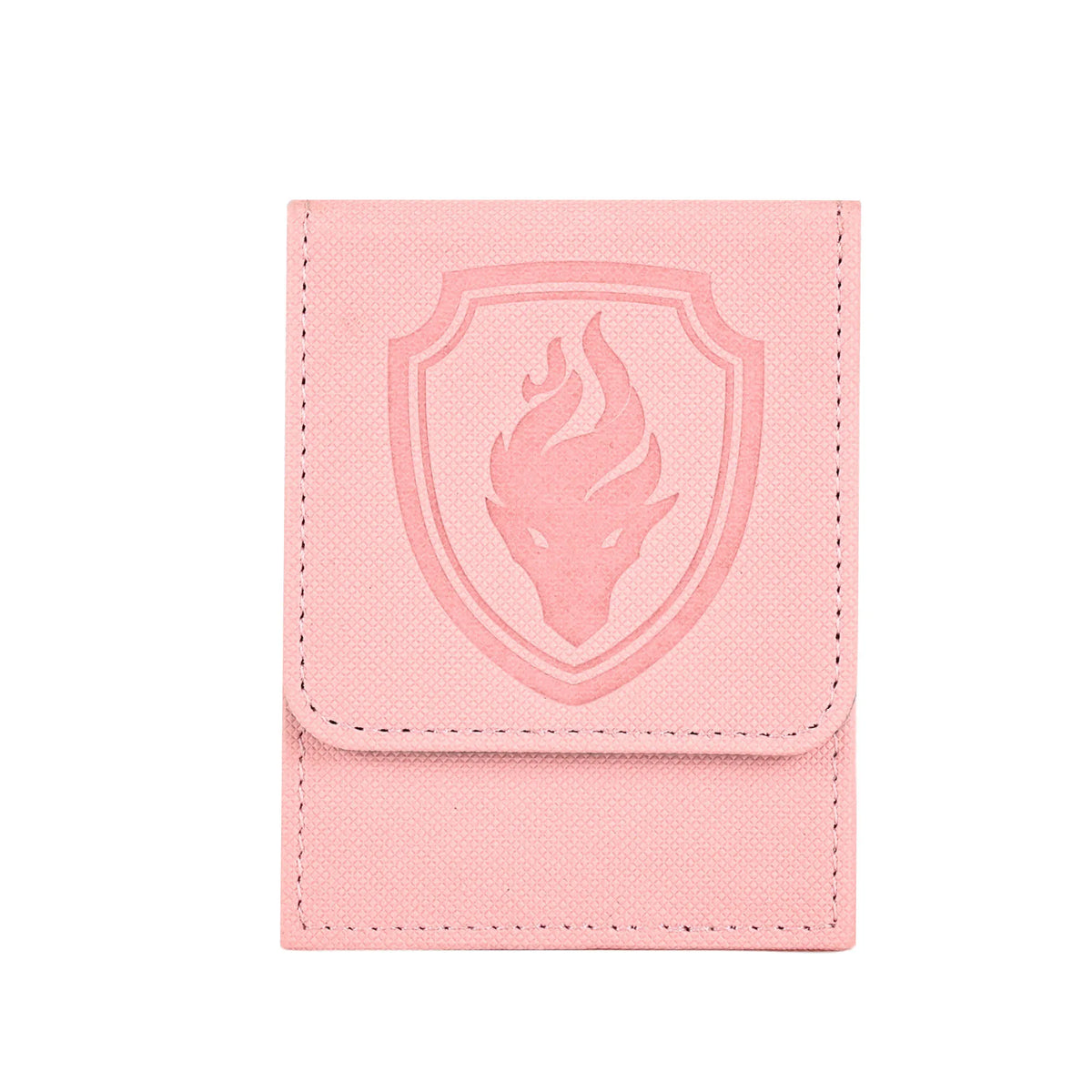 Pink deck box, closed front view with a shield-shaped emblem and flame-like graphic