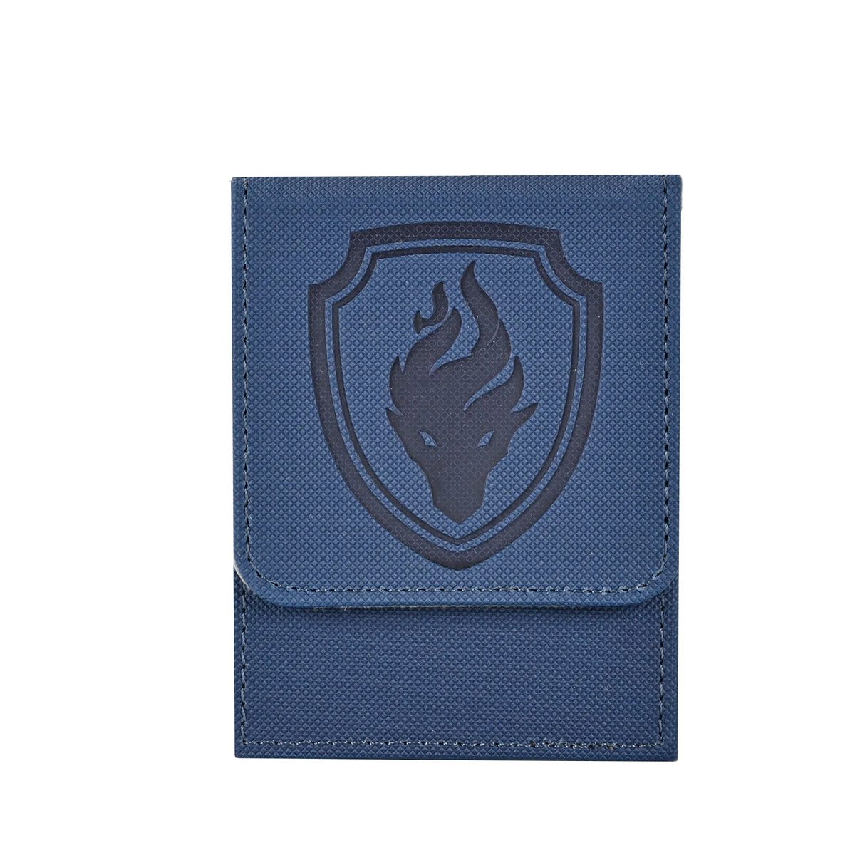 Blue deck box, closed front view with a shield-shaped emblem and flame-like graphic