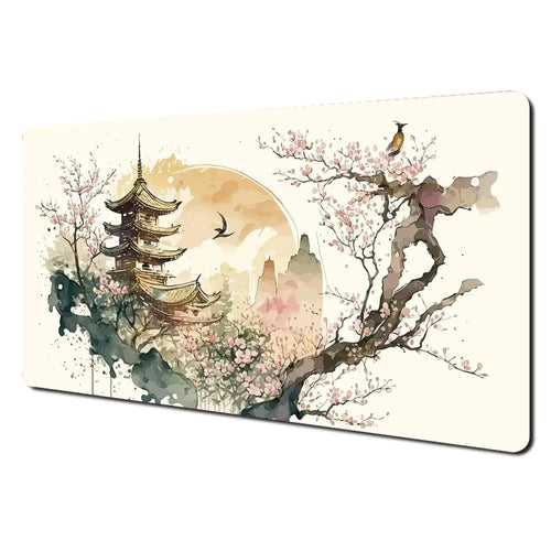 Ink Wash Cherry Blossom Deskmat with a tiered pagoda, flowering branches, birds and a pale circular sun