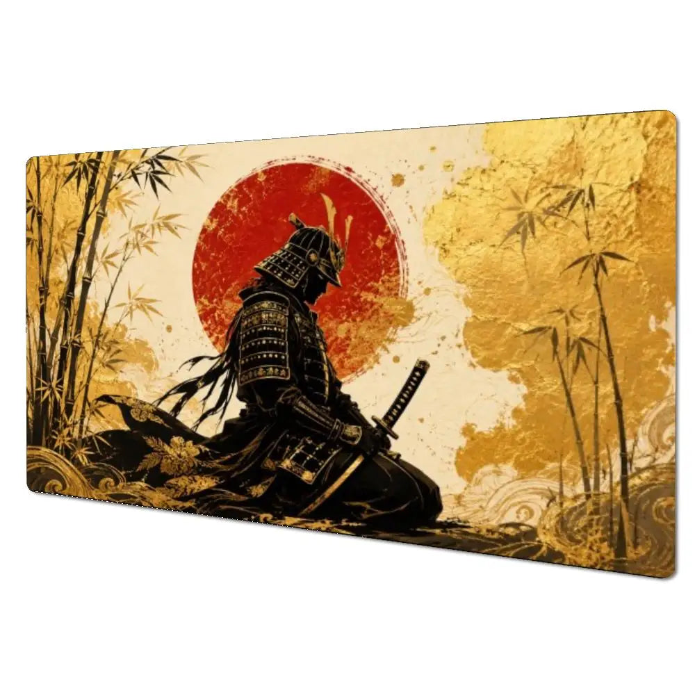 Samurai Deskmat with a kneeling armoured samurai, red sun, bamboo and gold wave artwork