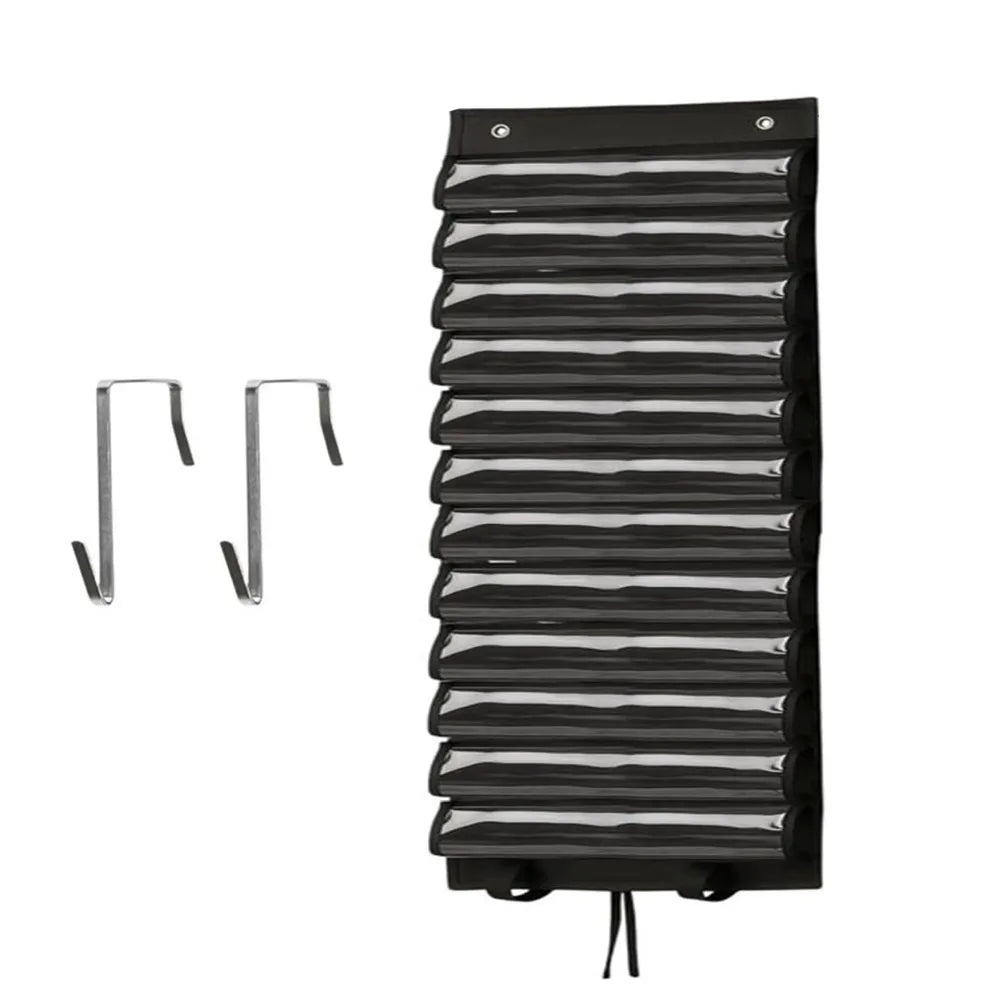 Black thirteen-pocket hanging playmat organiser with two hook-shaped items pictured beside it.
