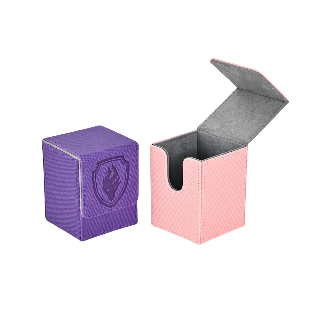 Purple deck box shown closed beside a pink deck box open with the interior visible