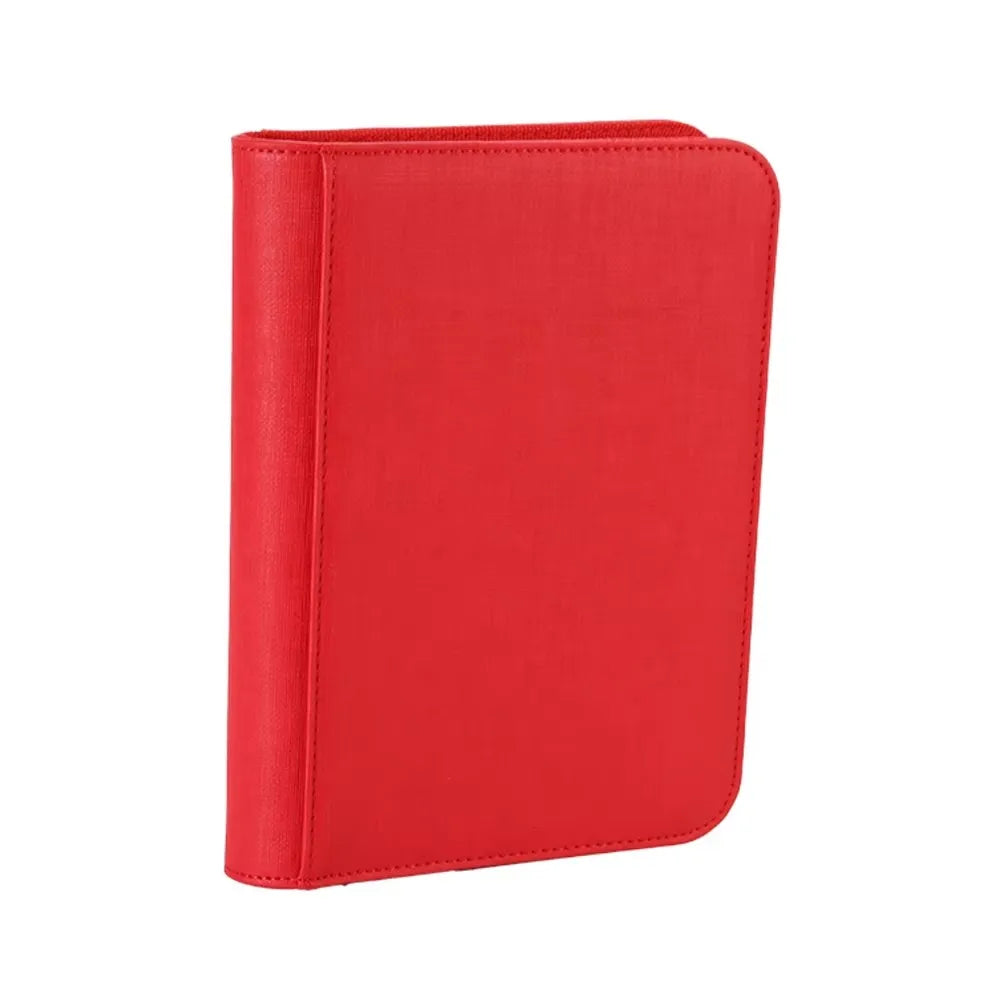 Red trading card binder on a white background.
