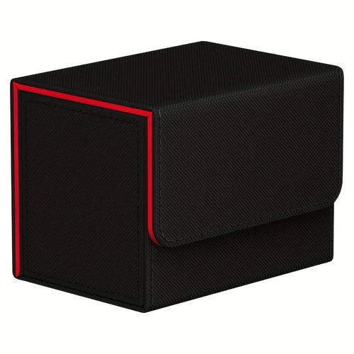 Closed black trading card deck box with red trim, viewed from the front and side.
