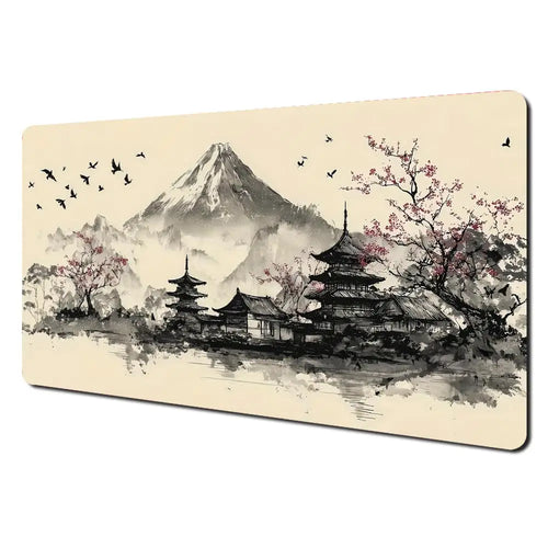 Ink Wash Cherry Blossom Deskmat with a mountain, pagoda-style buildings, flowering trees and birds