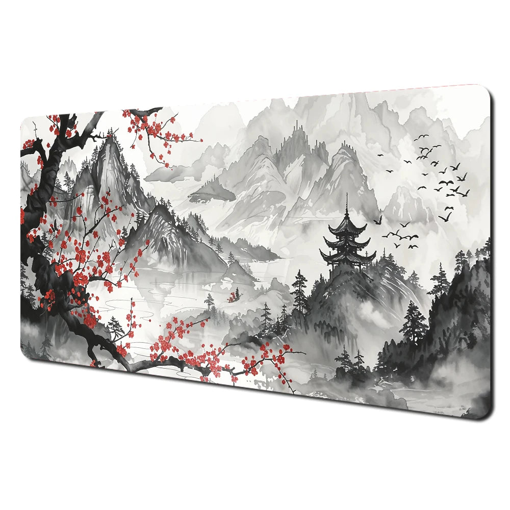 Sakura Landscapes Deskmat with grey mountain landscape, red blossoms, a pagoda and birds