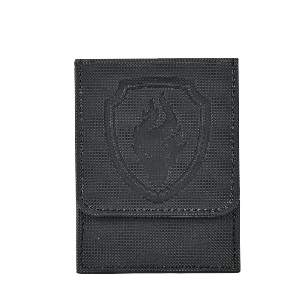 Black deck box, closed front view with a shield-shaped emblem and flame-like graphic