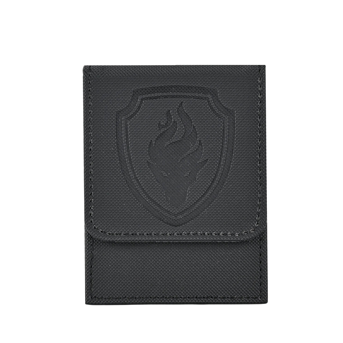 Black deck box, closed front view with a shield-shaped emblem and flame-like graphic