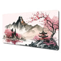 Ink Wash Cherry Blossom Deskmat with dark mountains, pink flowering trees and a red pagoda beside water