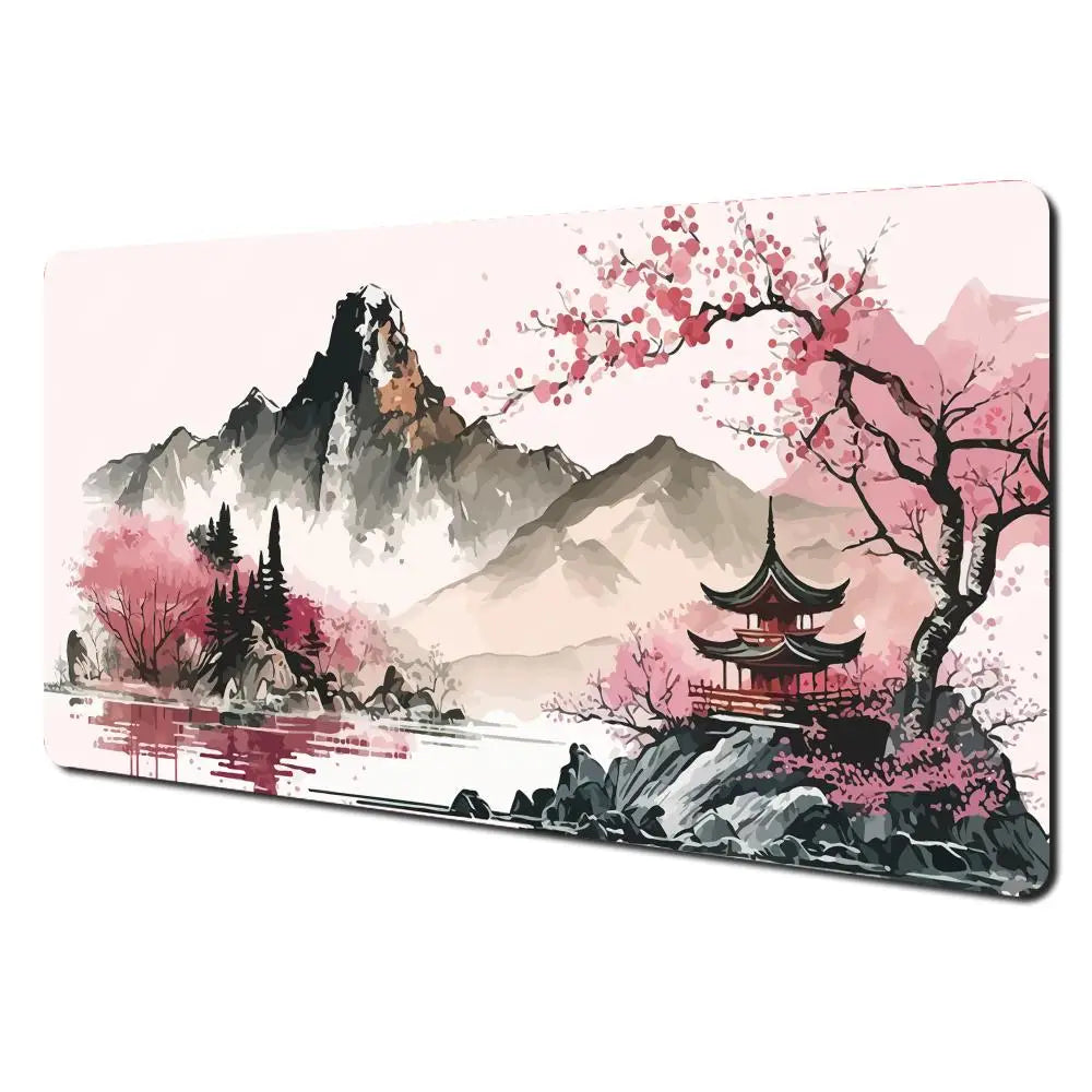 Ink Wash Cherry Blossom Deskmat with dark mountains, pink flowering trees and a red pagoda beside water