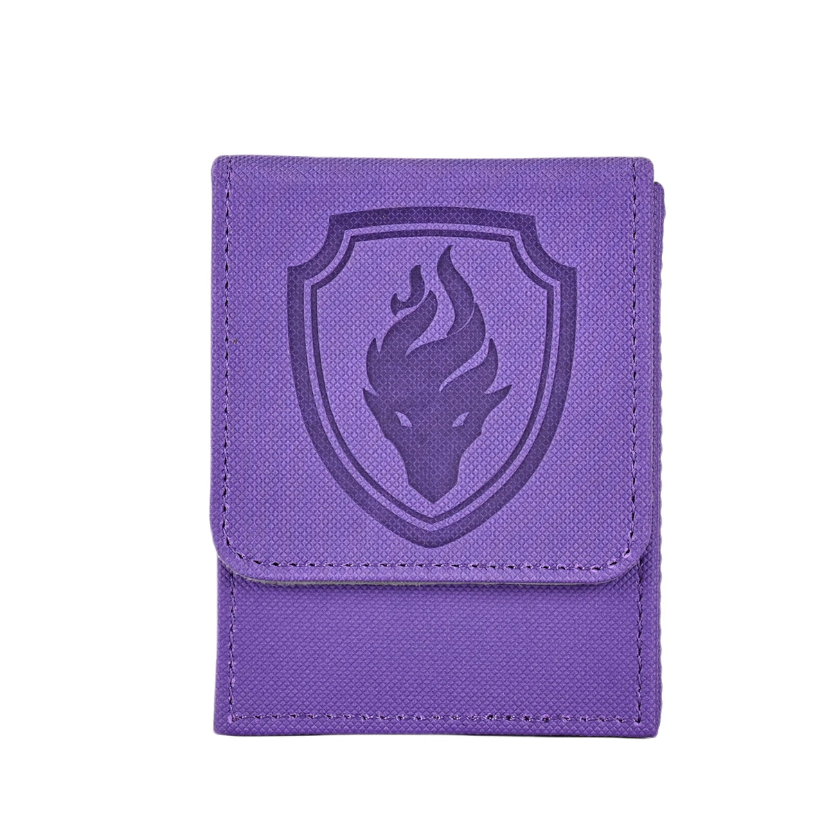 Purple deck box, closed front view with a shield-shaped emblem and flame-like graphic