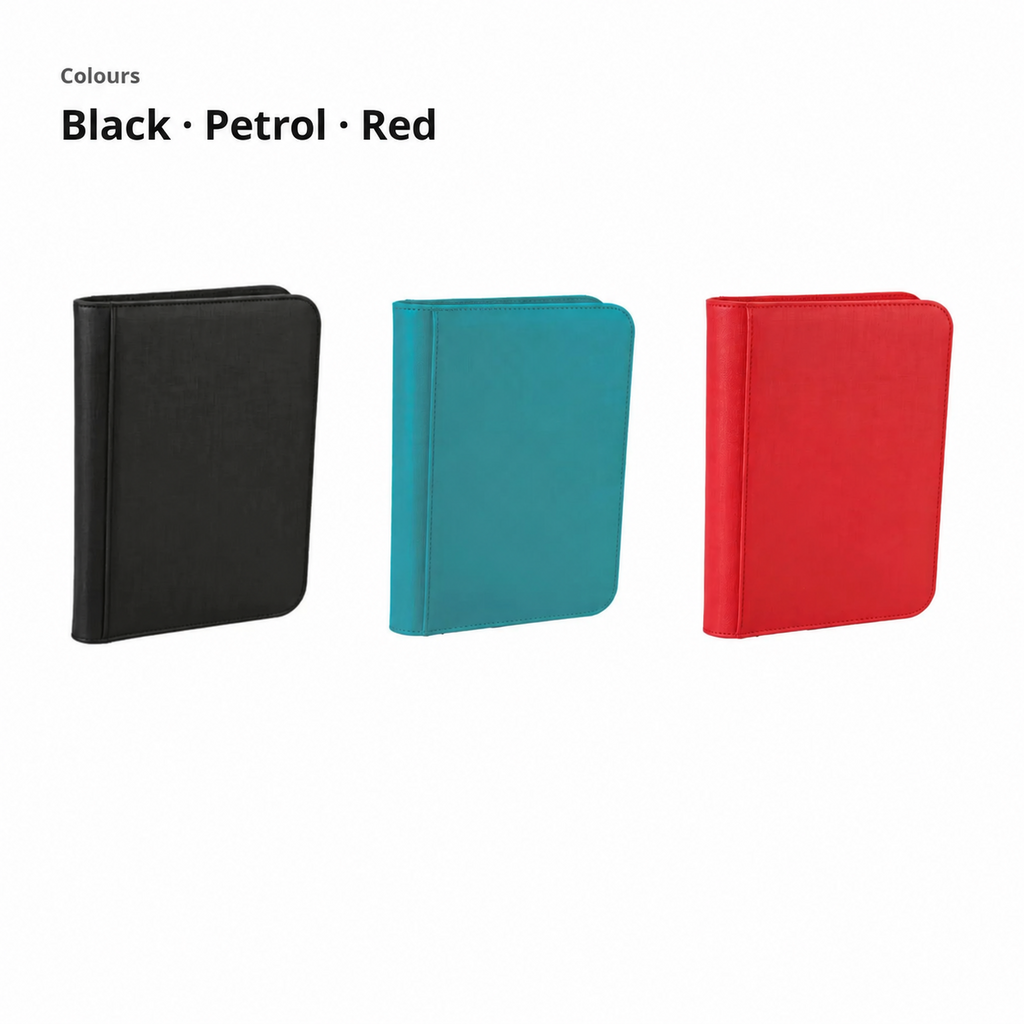 Black, petrol and red 4-pocket zip TCG binders shown side by side.