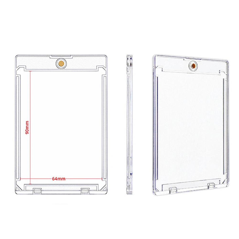 Magnetic card holder specification graphic showing an approximate 64 × 90 mm card area.